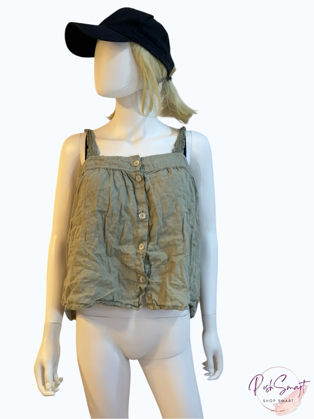 Cynthia Rowley  Olive Green Button-Front Tank Top Ruched Straps | Size L